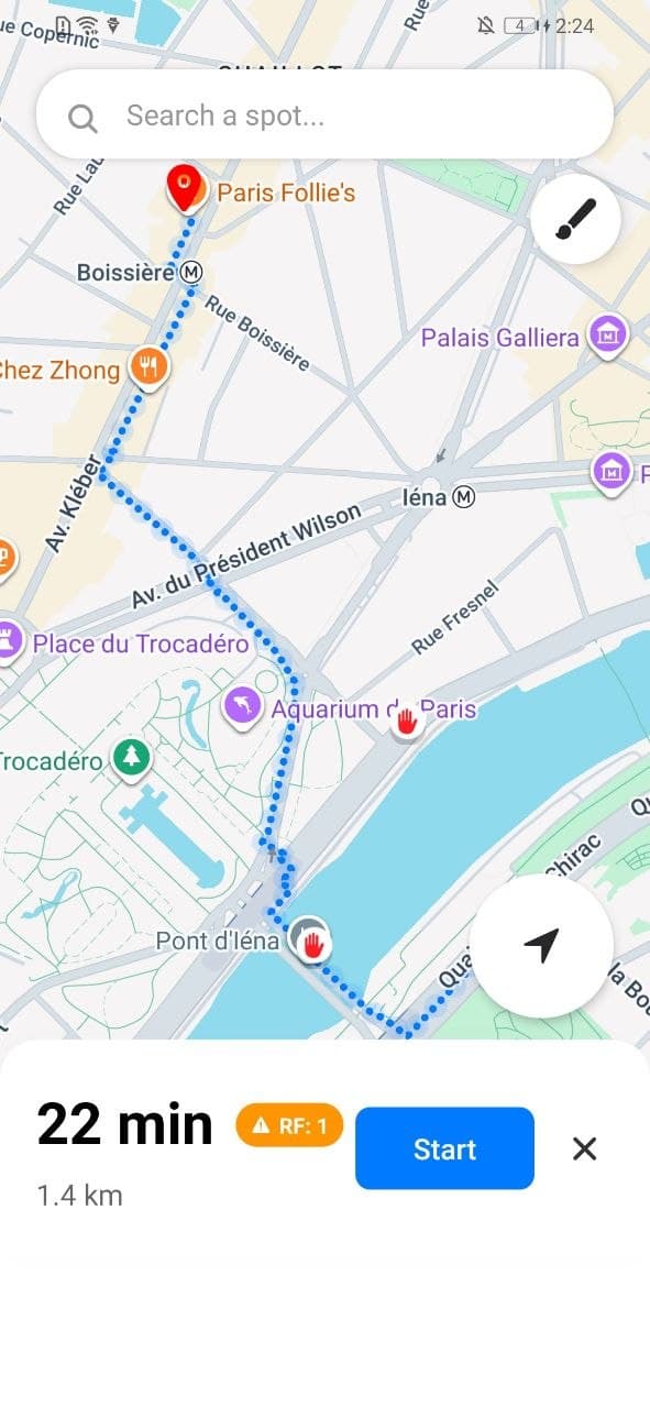Map preview showing route with RF badge