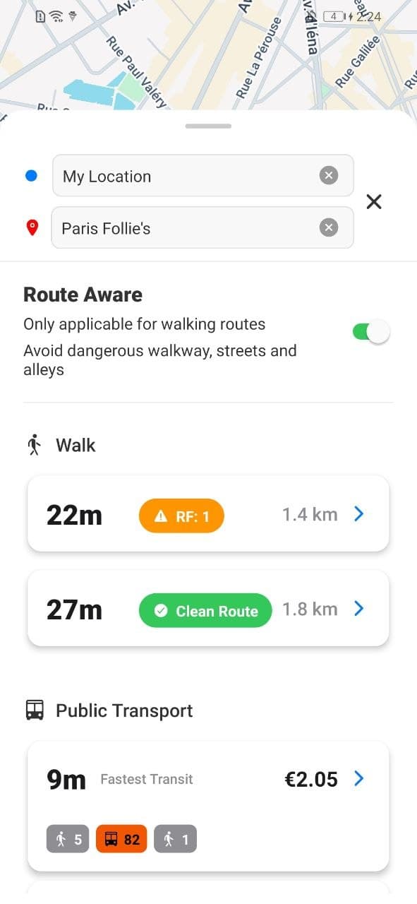 Route Aware route options with RF scores